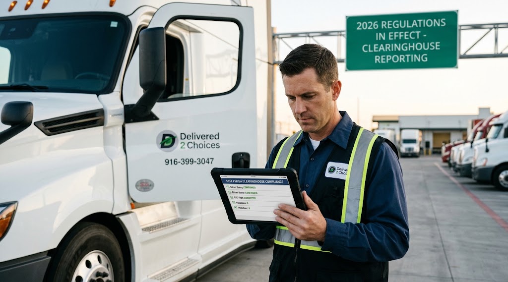 Commercial CDL driver checking compliance under the 2026 FMCSA Clearinghouse rules on a tablet next to his semi truck.