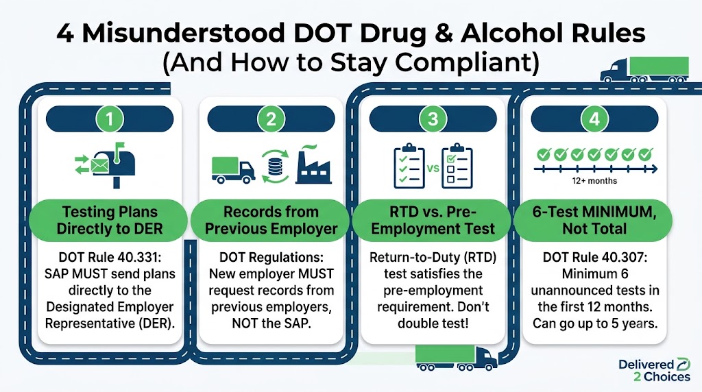Infographic explaining 4 misunderstood DOT drug and alcohol rules for employers, drivers, and DERs to stay compliant.