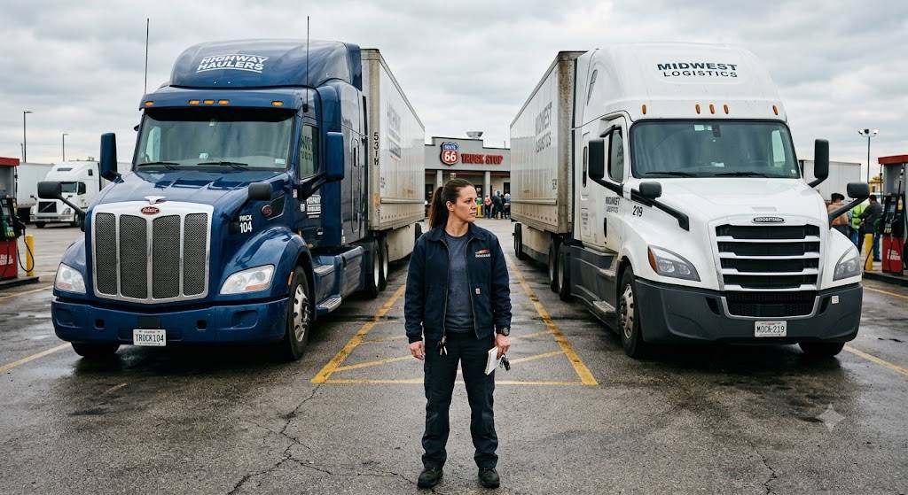 A female truck driver standing at a crossroads between two large semi-trucks, contemplating which fleet route to choose.