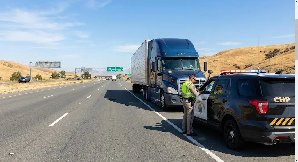 California Highway Patrol officer pulling over a commercial truck on a California highway
