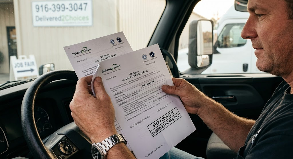 A professional truck driver sitting in his cab reviewing his Initial and Follow-Up SAP reports from Delivered2Choices for his DOT Return-to-Duty process.