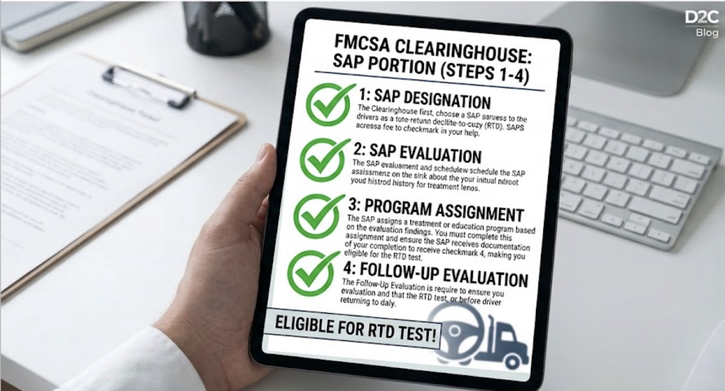 Infographic outlining the 4 FMCSA Clearinghouse steps with an SAP that make a driver eligible for the return-to-duty test.