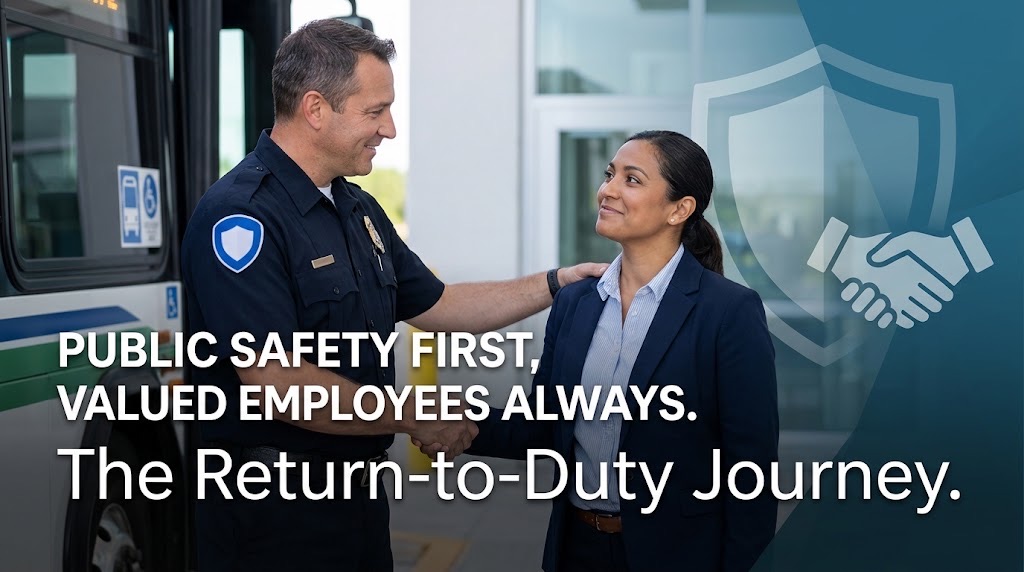 A police officer shaking hands with a transportation employee next to a bus, representing public safety and valued employees in the SAP return-to-duty process.
