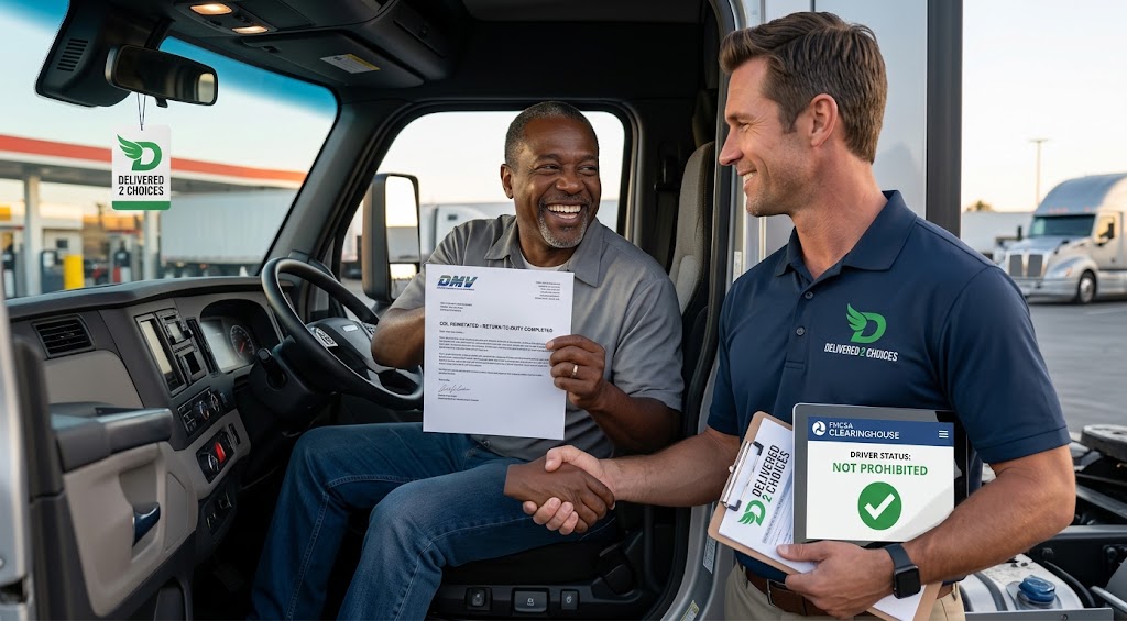 Commercial truck driver receiving CDL reinstatement confirmation after completing a DOT SAP return-to-duty evaluation in California.
