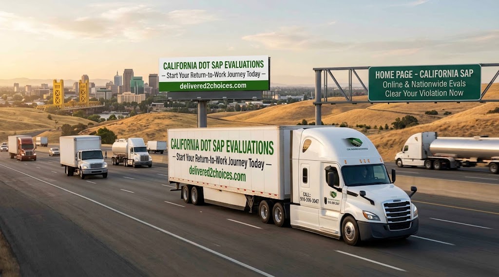 A professional truck driver with her CDL stands by her semi-truck on a California highway at golden hour, completing her DOT SAP return-to-duty process with relief and determination.Title: DOT SAP Return-to-Duty Driver in California