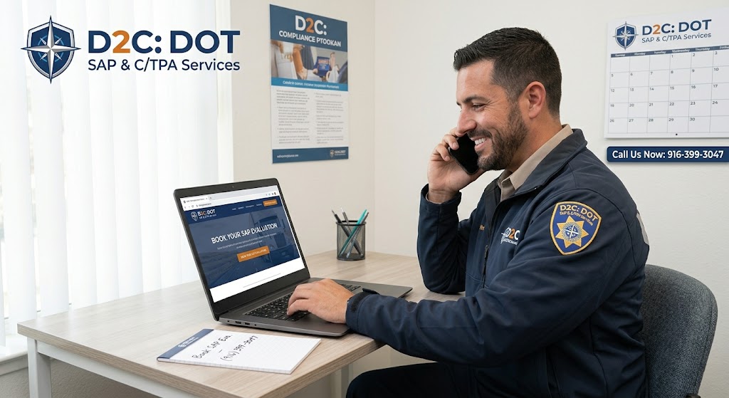 A CDL driver in a company uniform sits at a desk in a D2C-branded office, smiling on a phone call while looking at a laptop screen displaying the 'Book Your SAP Evaluation' page.