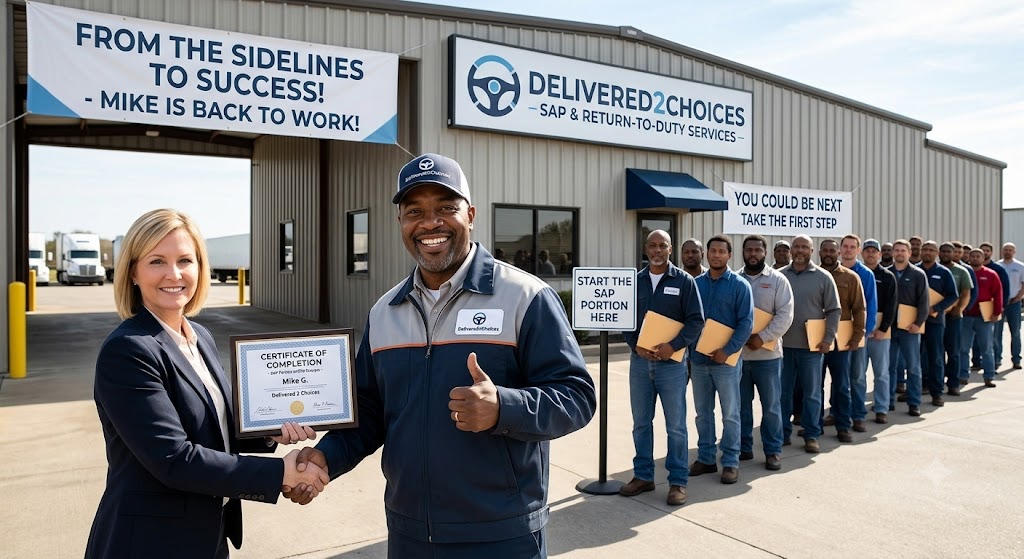 A CDL driver holding a certificate after successfully completing the SAP portion of the Return-to-Duty process with Delivered 2 Choices, with a line of drivers waiting to start.