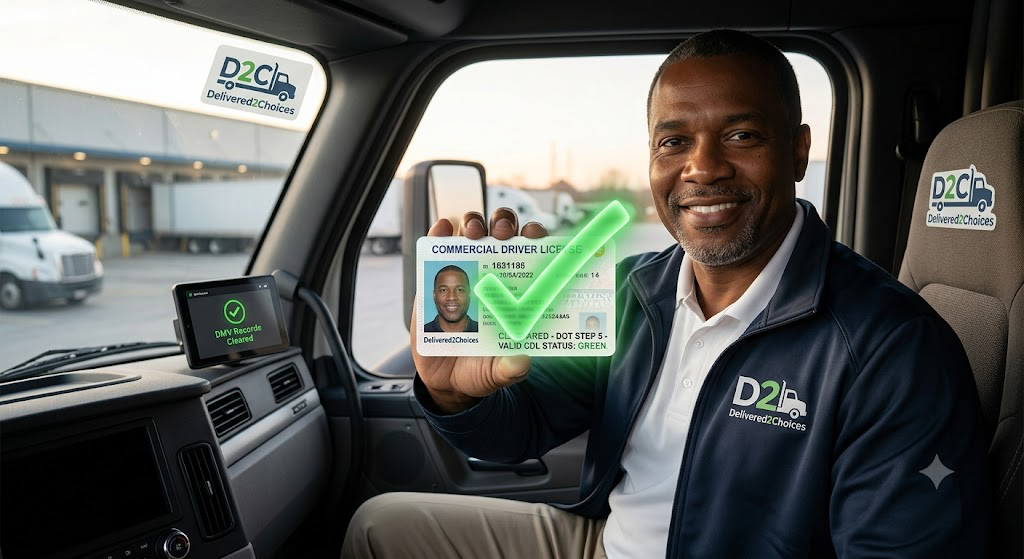 Truck driver holding cleared CDL with green checkmark after completing DOT Step 5 Return-to-Duty Clearinghouse process using Delivered2Choices C/TPA service.