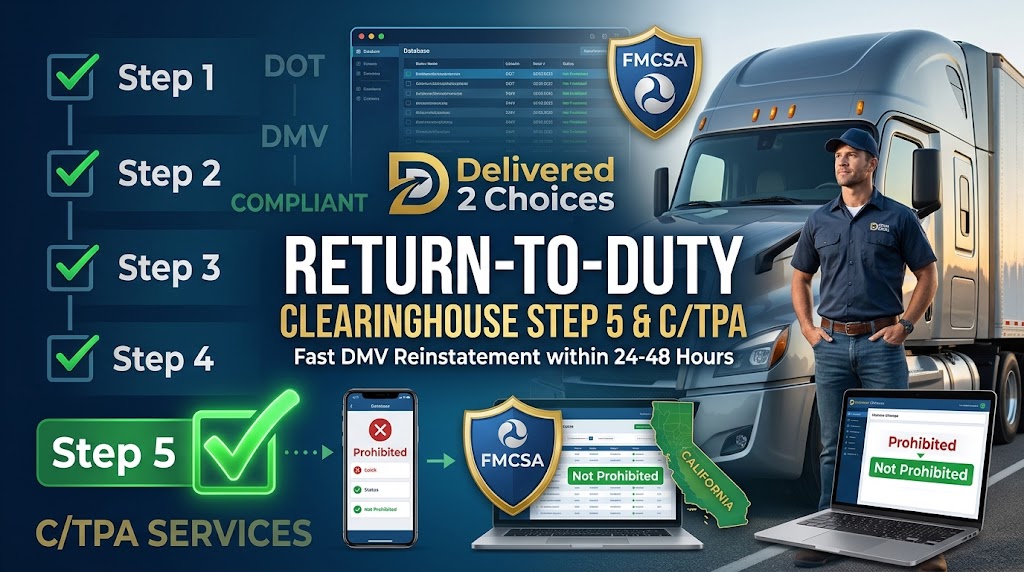 Laptop displaying FMCSA Clearinghouse Step 5 and C/TPA compliance dashboard for fast CDL DMV reinstatement.