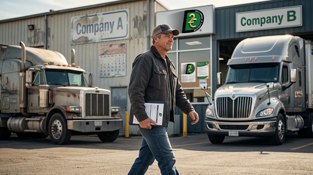 Professional commercial truck driver carrying compliance files between Company A and Company B terminals after a 9-month return-to-duty testing pause.