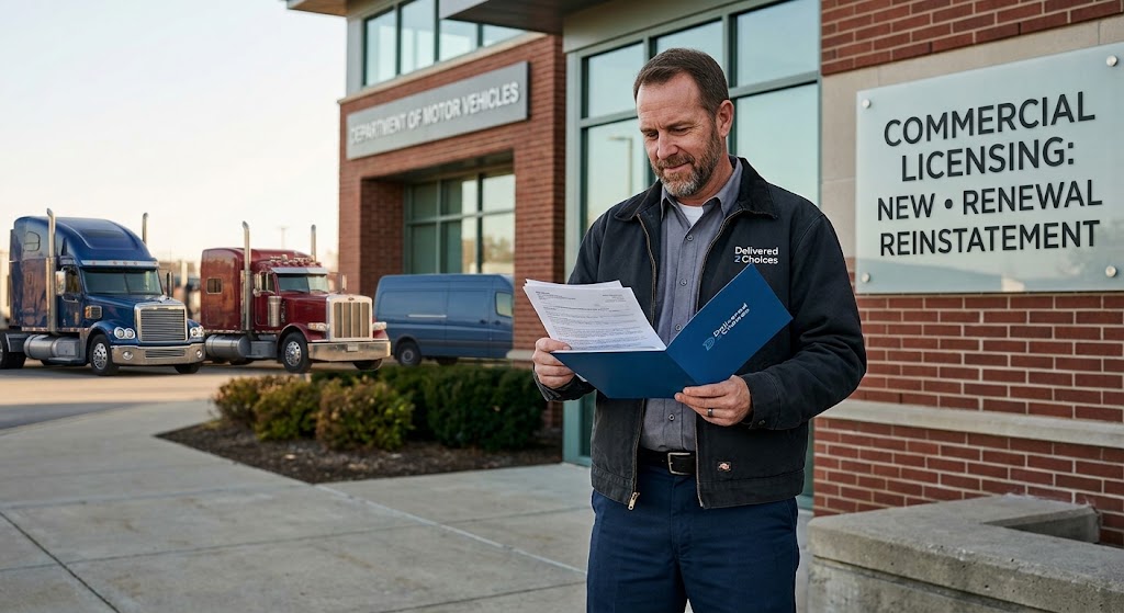 Commercial driver reviewing reinstatement paperwork outside a DMV building with Delivered 2 Choices branding