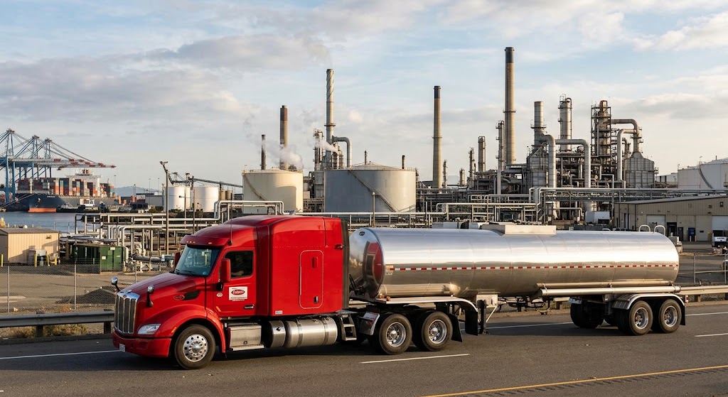 A red commercial semi-truck pulling a silver tanker trailer driving near the Port of Richmond and industrial refineries, representing DOT SAP evaluation services in Contra Costa County.