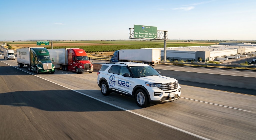 A white D2C branded SUV with company logos on the doors driving southbound on Interstate 5 (I-5) in California, near Bakersfield. A green overhead sign indicates destinations like Fresno and Bakersfield.