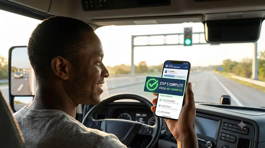 Commercial truck driver holding a phone showing Step 5 Complete Status Not Prohibited in the FMCSA Clearinghouse