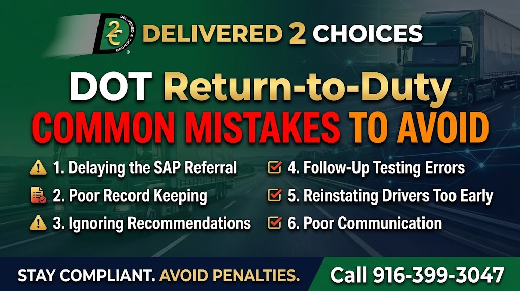 Delivered2Choices branded graphic outlining 6 DOT return-to-duty common mistakes to avoid for commercial fleets, with contact phone number.