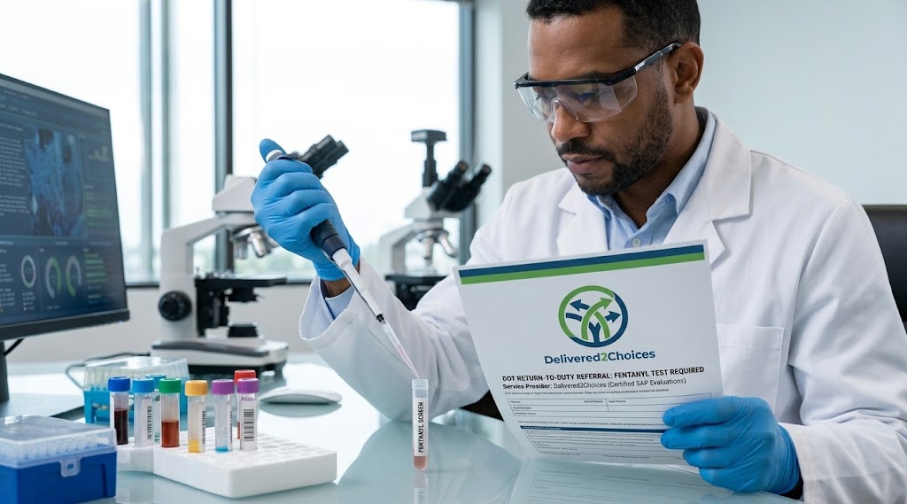 A laboratory technician conducting a DOT fentanyl test while holding a referral document prominently branded with the Delivered2Choices logo and company name.
