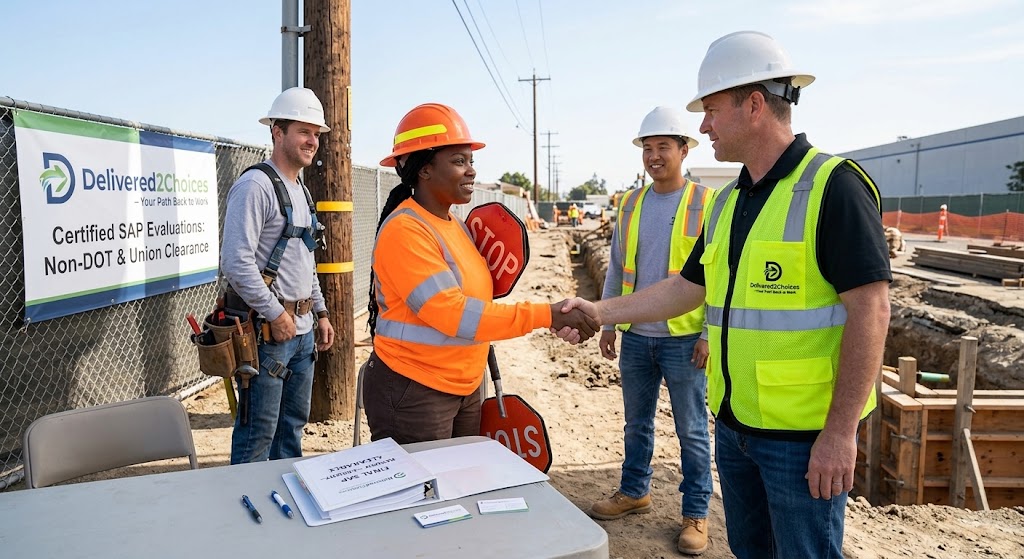 A Delivered2Choices supervisor shakes hands with a flagger on a construction site. A 'Final SAP Report' and other trade workers (linemen) are visible, reinforcing non-DOT return-to-duty clearance.