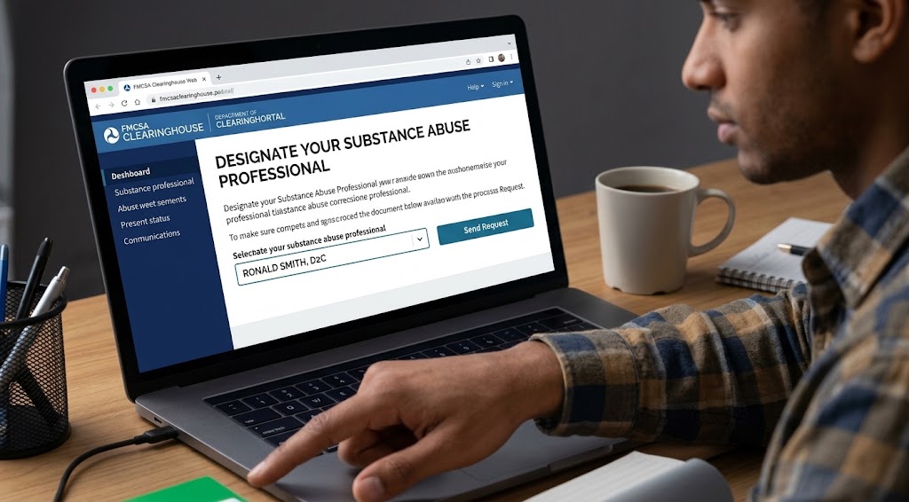 Commercial driver clicking the submit request button to designate Ronald Smith as their SAP in the FMCSA Clearinghouse