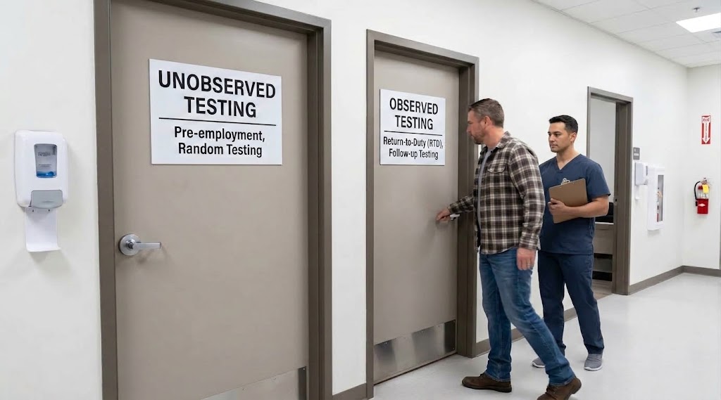 Side-by-side unobserved and observed testing doors at a clinic, with a male commercial driver entering the "Observed Testing" room followed by a male technician, demonstrating compliance with the DOT direct observation rule for Return-to-Duty.