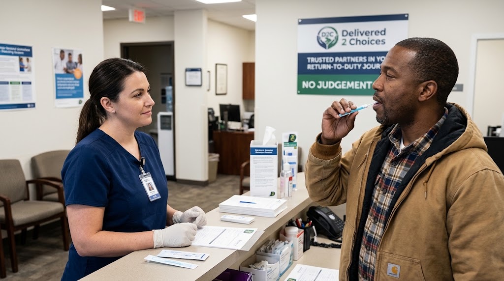 Medical professional and commercial driver completing an oral fluid swab test at a collection site with Delivered 2 Choices branding in the background.