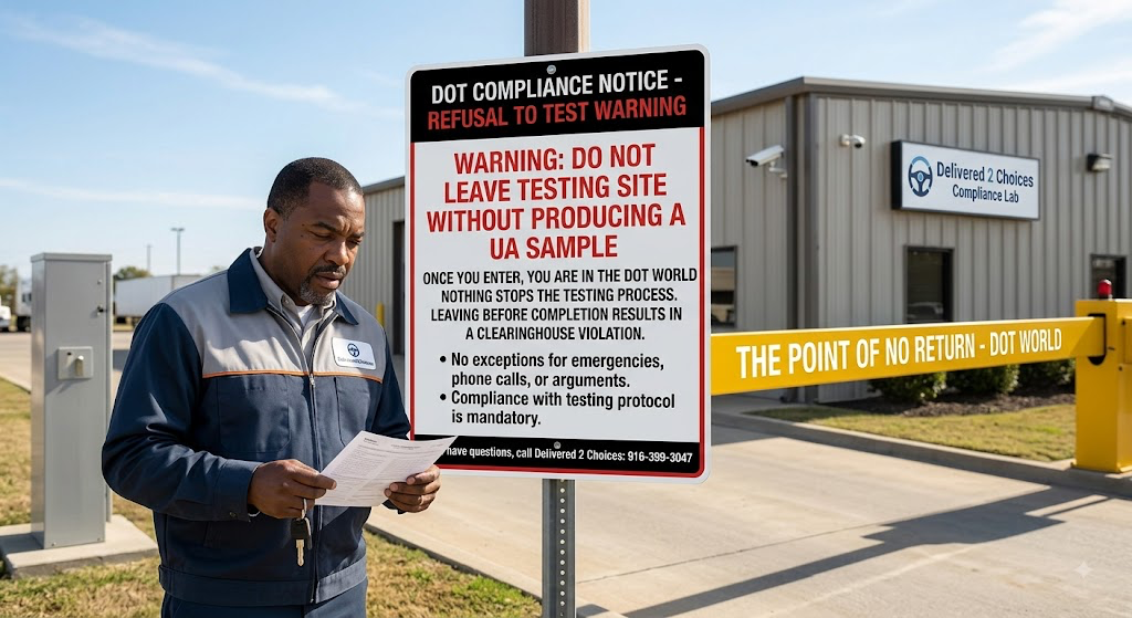 A CDL driver holding paperwork next to a DOT compliance warning sign stating 'Do not leave testing site without producing a UA sample' to avoid a refusal to test violation.