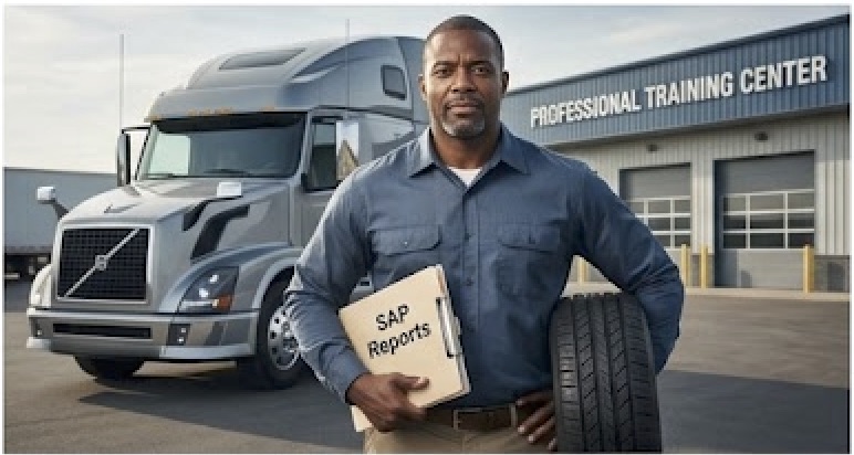 Confident commercial truck driver holding SAP reports standing in front of a semi-truck after completing the DOT Return-to-Duty process.