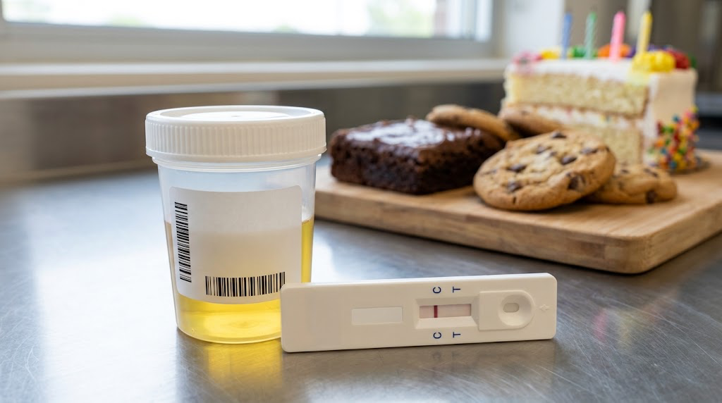 Positive DOT urine drug test cassette showing a single control line next to edibles and baked goods.