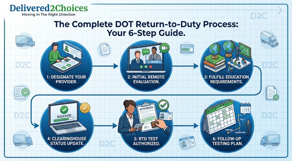 A visual 6-step infographic from Delivered2Choices explaining the DOT Return-to-Duty process for commercial drivers, from designating a provider to a follow-up testing plan.