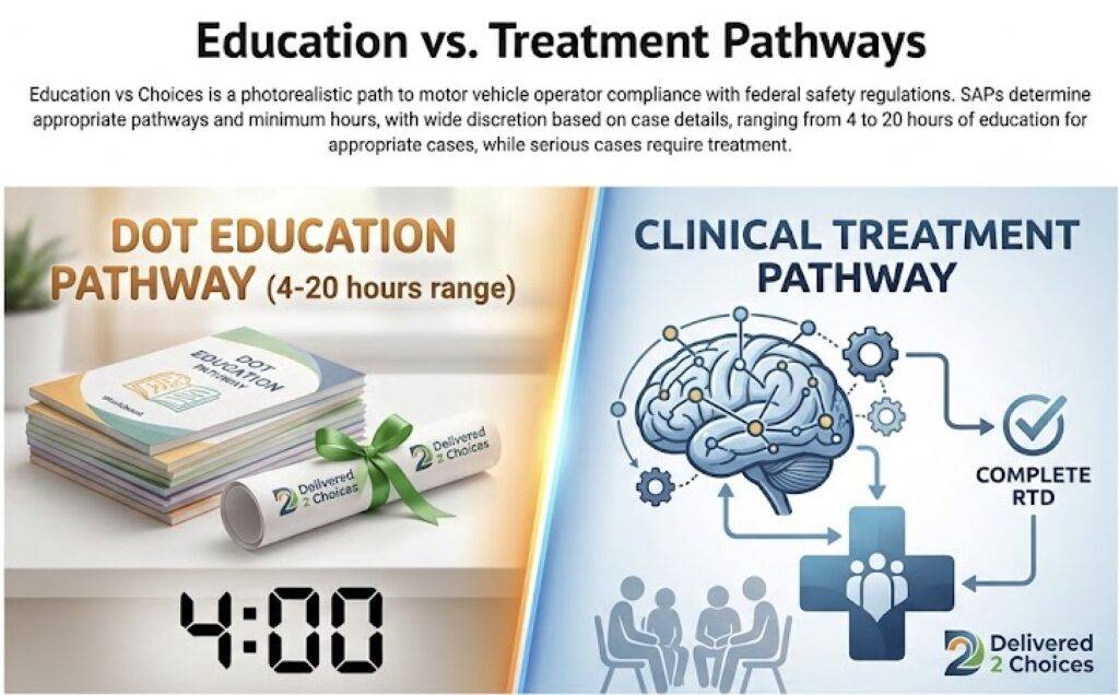 Side-by-side comparison of the FMCSA return-to-duty pathways, showing the DOT SAP education route (4 to 20 hours) versus a clinical treatment program.