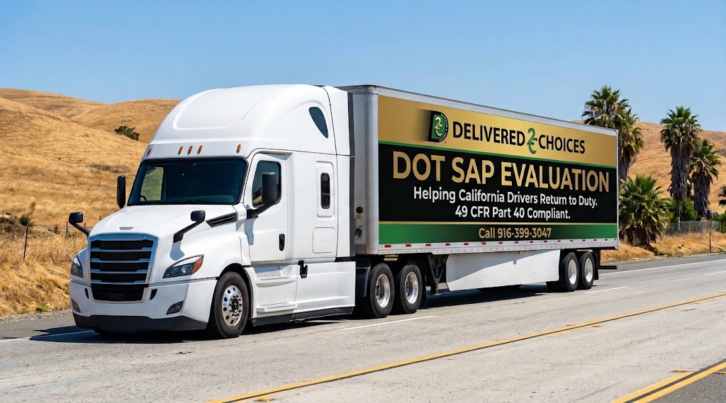 Delivered 2 Choices semi-truck advertising DOT SAP evaluation services in California.