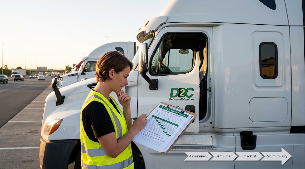 Commercial truck driver reviewing a DOT SAP evaluation timeline checklist in front of a Delivered2Choices semi-truck.