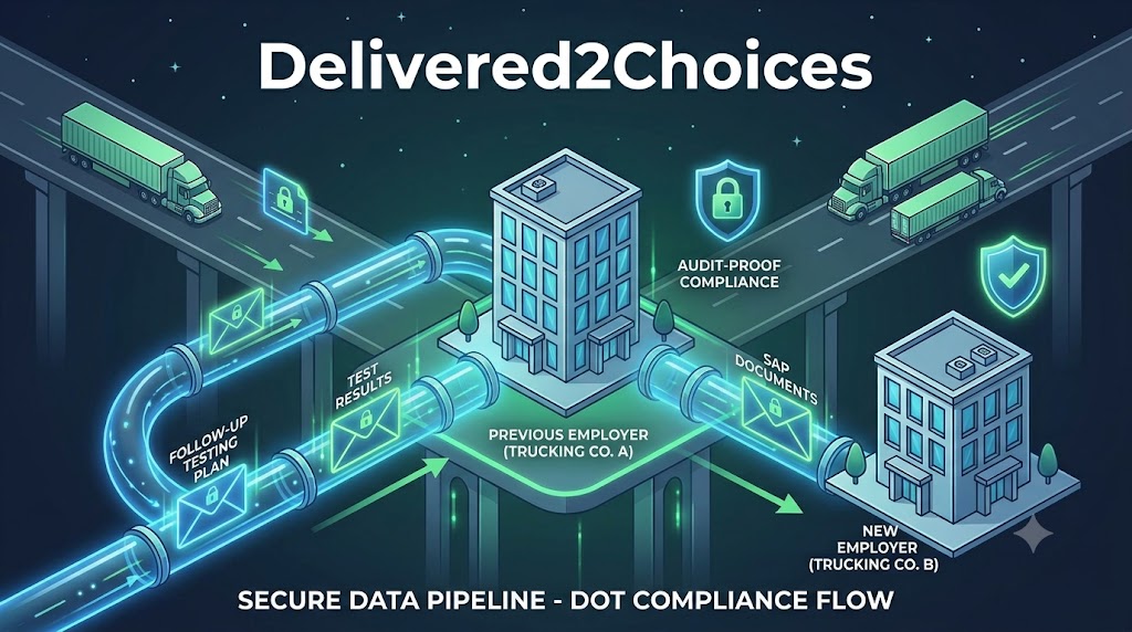 Illustration showing the secure DOT SAP follow-up testing plan transfer between employers by Delivered2Choices.