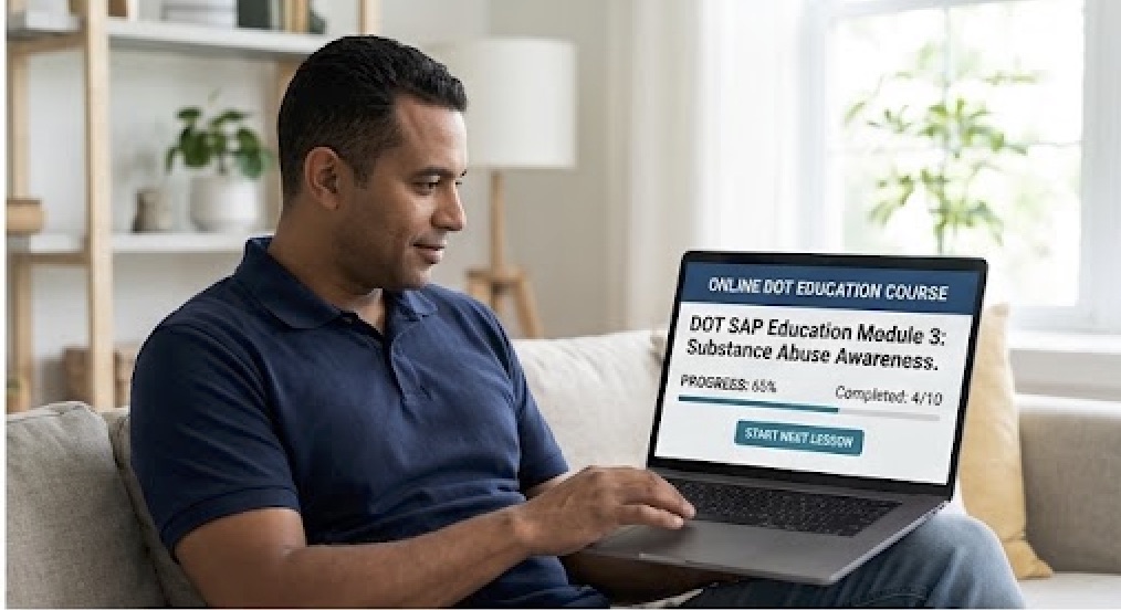 A male truck driver sitting comfortably on a couch, using a laptop to complete an online DOT SAP education course.
