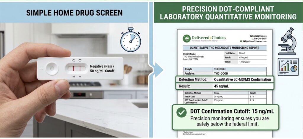 Side-by-side comparison of a standard 50 ng/mL home THC drug screen and a DOT-compliant quantitative laboratory monitoring report showing the strict 15 ng/mL federal cutoff.