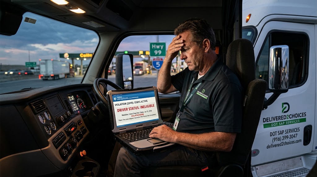 A distressed male truck driver in his semi-cab looking at a laptop showing his status is 'Ineligible' due to a 2019 failed drug test violation that 'Stays Active' with 'RTD Process Not Completed'. The truck door and shirt show 'Delivered2Choices DOT SAP Services' branding.