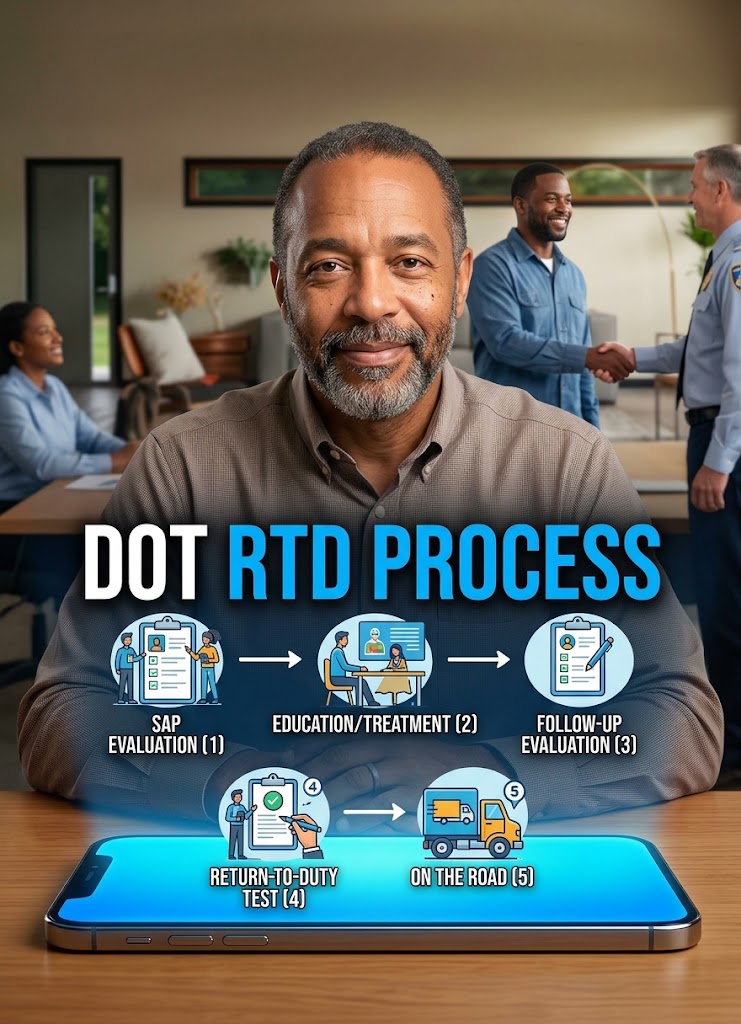 A commercial truck driver successfully returning to his cab, representing a completed DOT SAP Return-to-Duty process.
