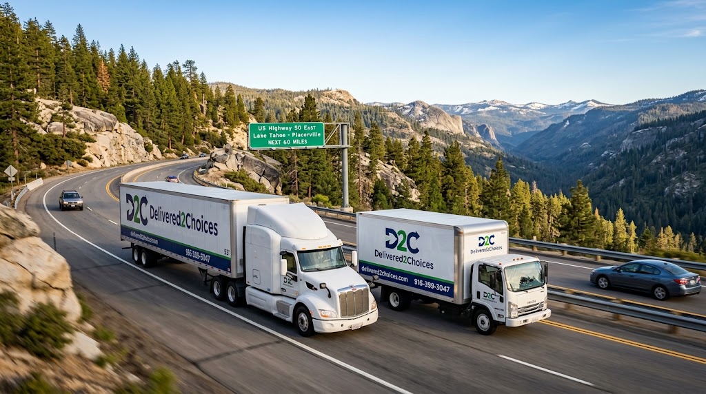 A Delivered2Choices branded commercial box truck and semi-truck driving through the mountain passes of US Highway 50 in El Dorado County.