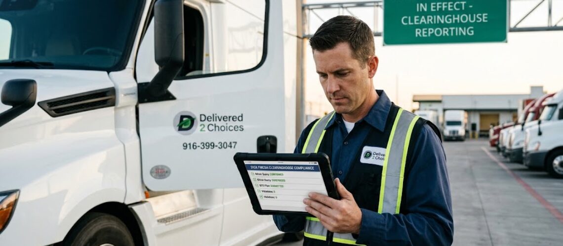 Commercial CDL driver checking compliance under the 2026 FMCSA Clearinghouse rules on a tablet next to his semi truck.