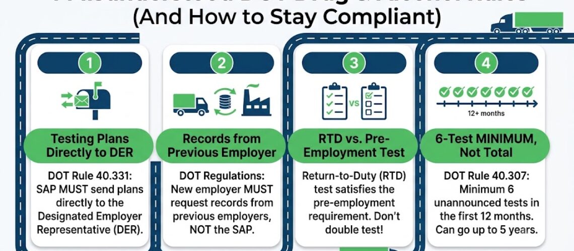 Infographic explaining 4 misunderstood DOT drug and alcohol rules for employers, drivers, and DERs to stay compliant.