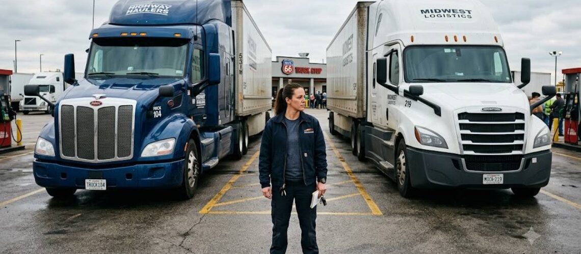 A female truck driver standing at a crossroads between two large semi-trucks, contemplating which fleet route to choose.