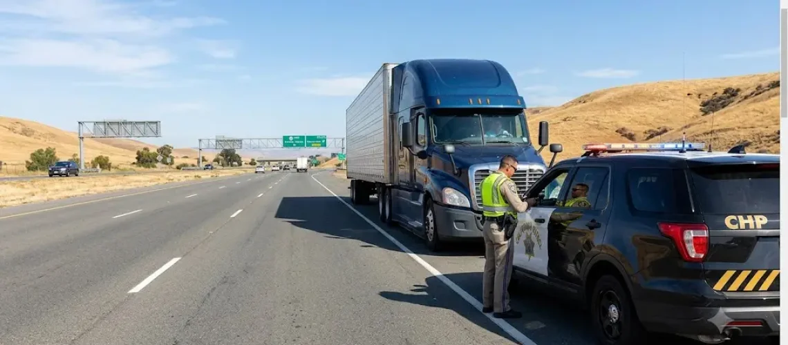 California Highway Patrol officer pulling over a commercial truck on a California highway