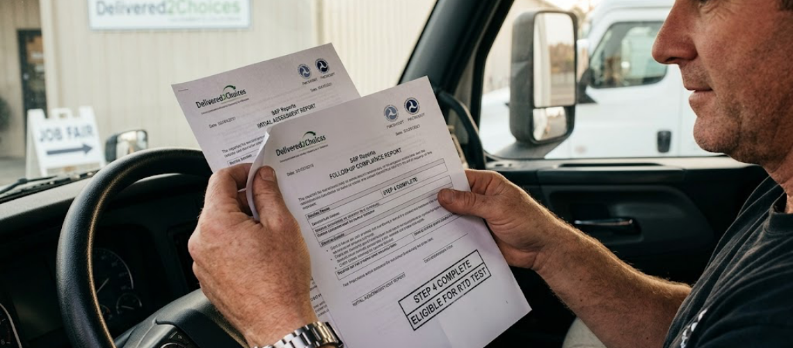 A professional truck driver sitting in his cab reviewing his Initial and Follow-Up SAP reports from Delivered2Choices for his DOT Return-to-Duty process.