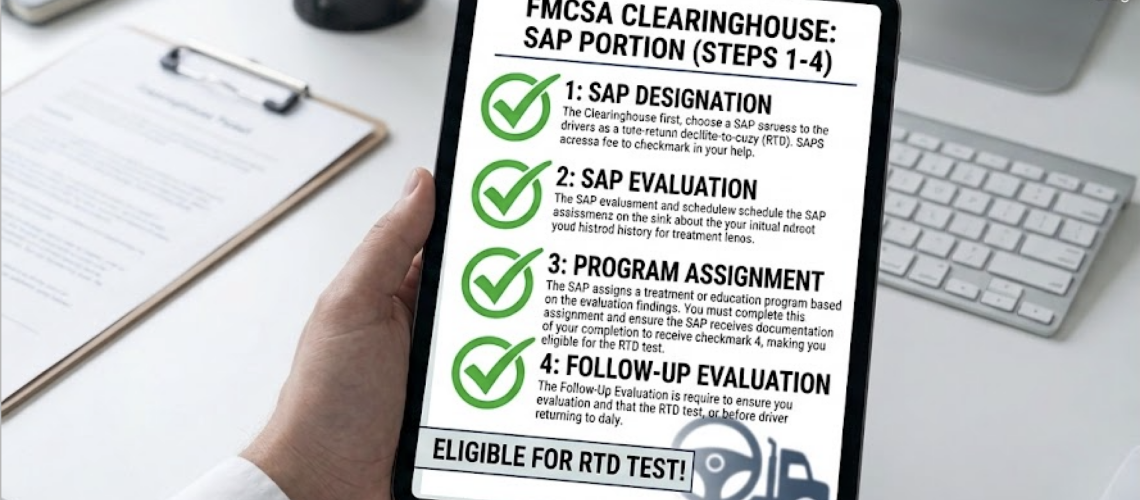 Infographic outlining the 4 FMCSA Clearinghouse steps with an SAP that make a driver eligible for the return-to-duty test.