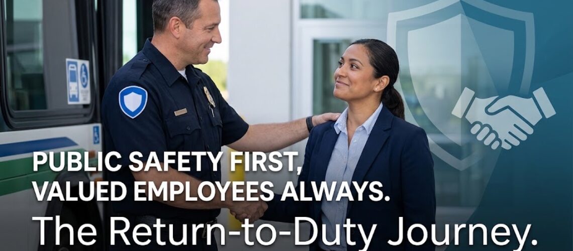 A police officer shaking hands with a transportation employee next to a bus, representing public safety and valued employees in the SAP return-to-duty process.