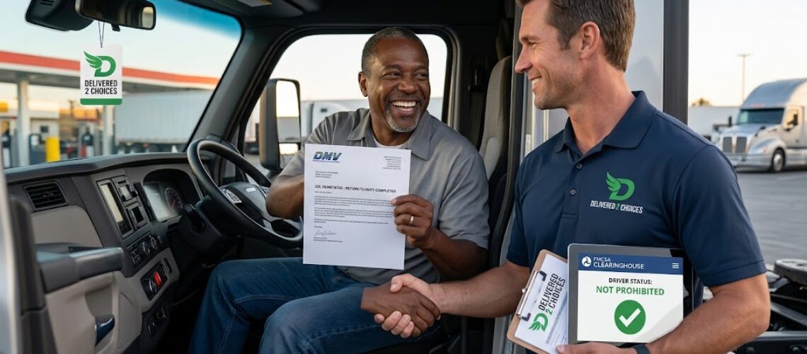 Commercial truck driver receiving CDL reinstatement confirmation after completing a DOT SAP return-to-duty evaluation in California.
