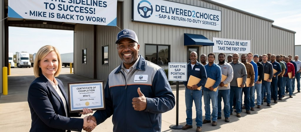 A CDL driver holding a certificate after successfully completing the SAP portion of the Return-to-Duty process with Delivered 2 Choices, with a line of drivers waiting to start.
