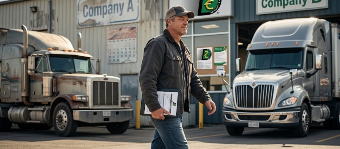 Professional commercial truck driver carrying compliance files between Company A and Company B terminals after a 9-month return-to-duty testing pause.