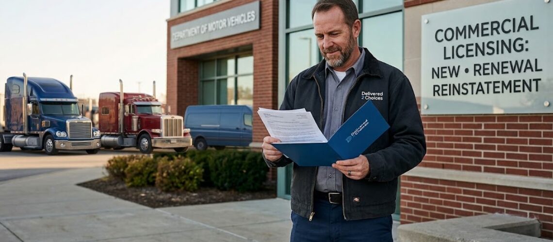 Commercial driver reviewing reinstatement paperwork outside a DMV building with Delivered 2 Choices branding