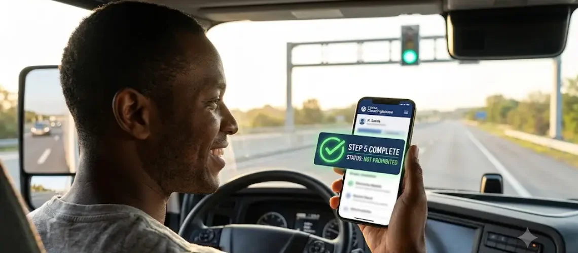 Commercial truck driver holding a phone showing Step 5 Complete Status Not Prohibited in the FMCSA Clearinghouse