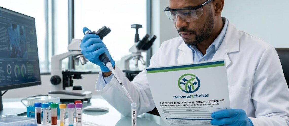 A laboratory technician conducting a DOT fentanyl test while holding a referral document prominently branded with the Delivered2Choices logo and company name.